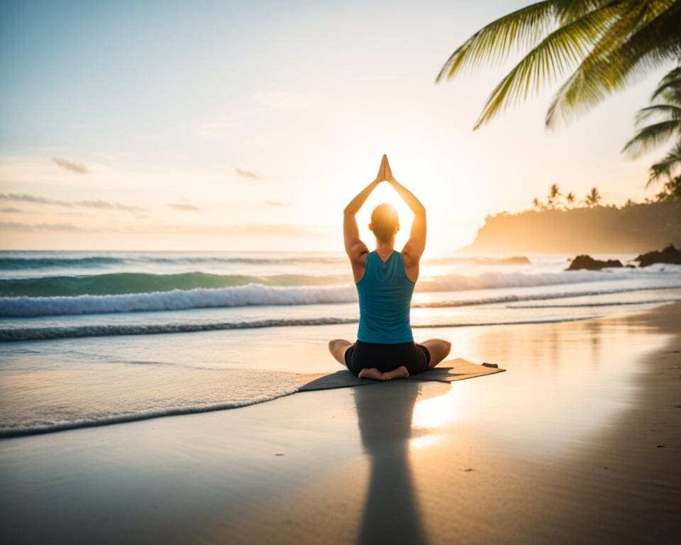 Privé yogasessie op een Bali strand bij zonsopgang